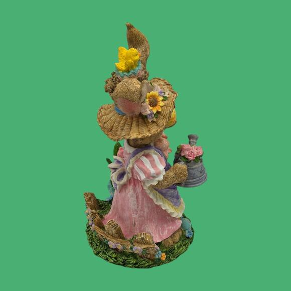 Dressed Rabbit VTG Figurine Easter Spring Cottage Decor Eggs Watering Can Tulips - Picture 4 of 11